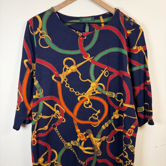 Lauren Ralph Lauren Equestrian Chain Print Shift Dress Navy Size 2X 3/4 Sleeve - Picture 4 of 7